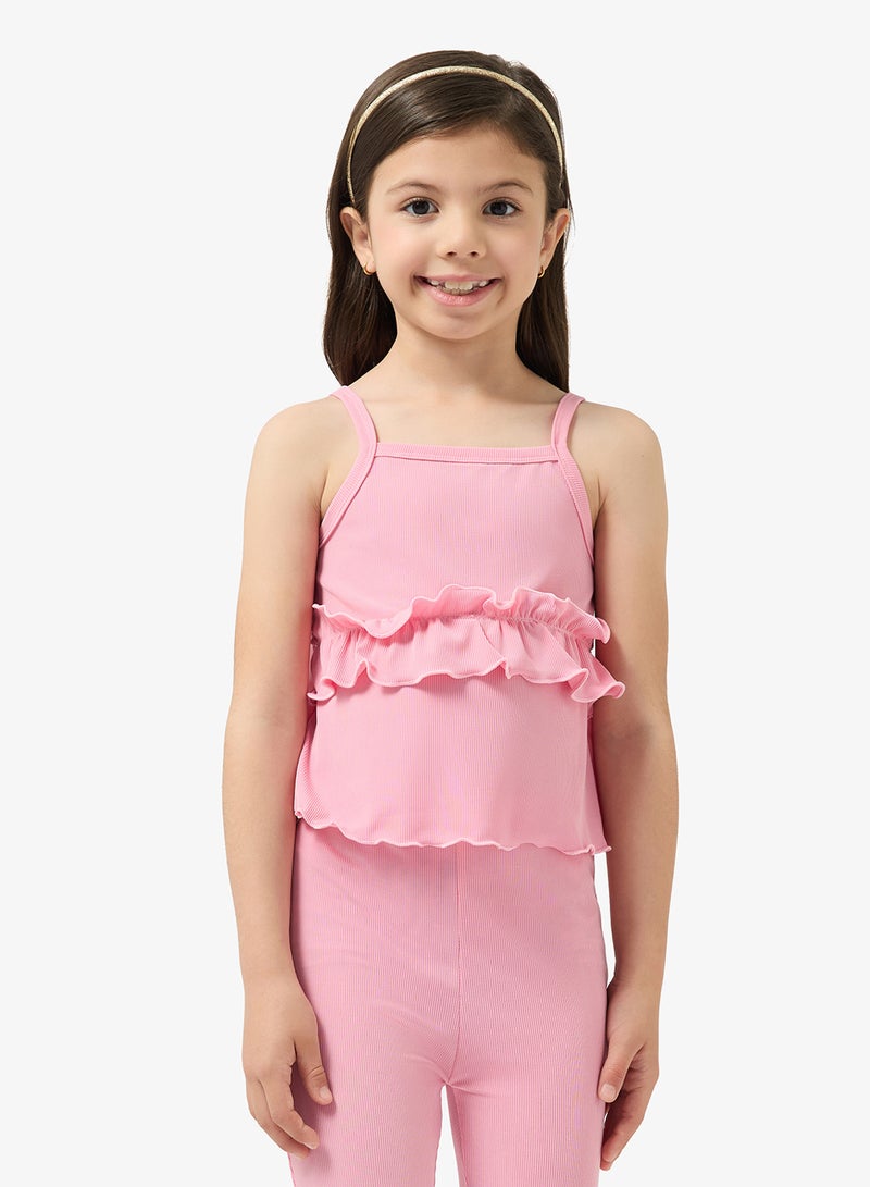 Pinata Pink Frill Strappy Top and Flare Leggings Set - Image 3